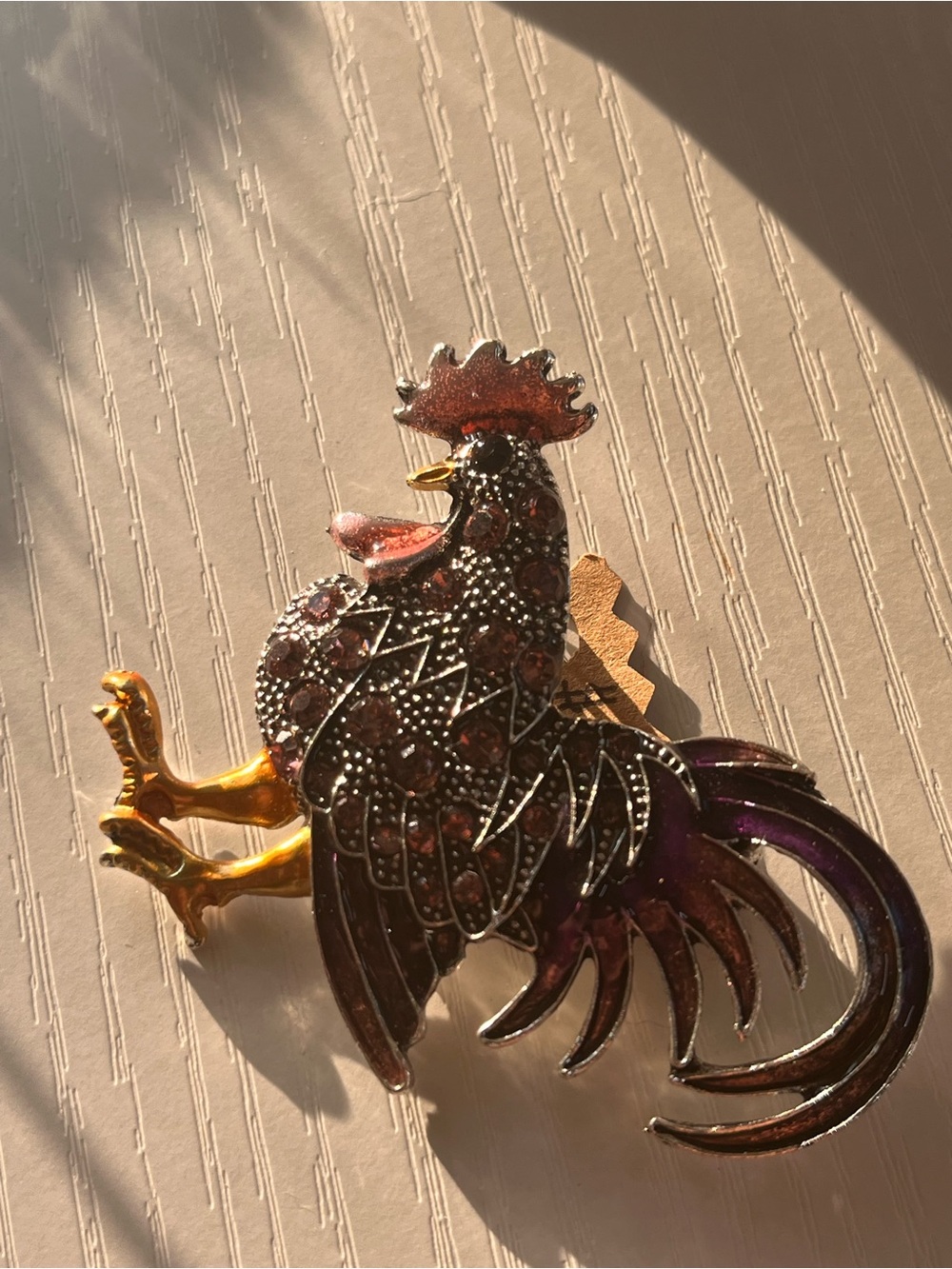 Embellished Rooster Brooch in Purple and Gold